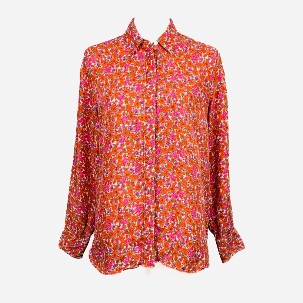 J. Crew Women Size 8 Classic Fit Drapey Cupro Blend Shirt Pink Floral Guarana